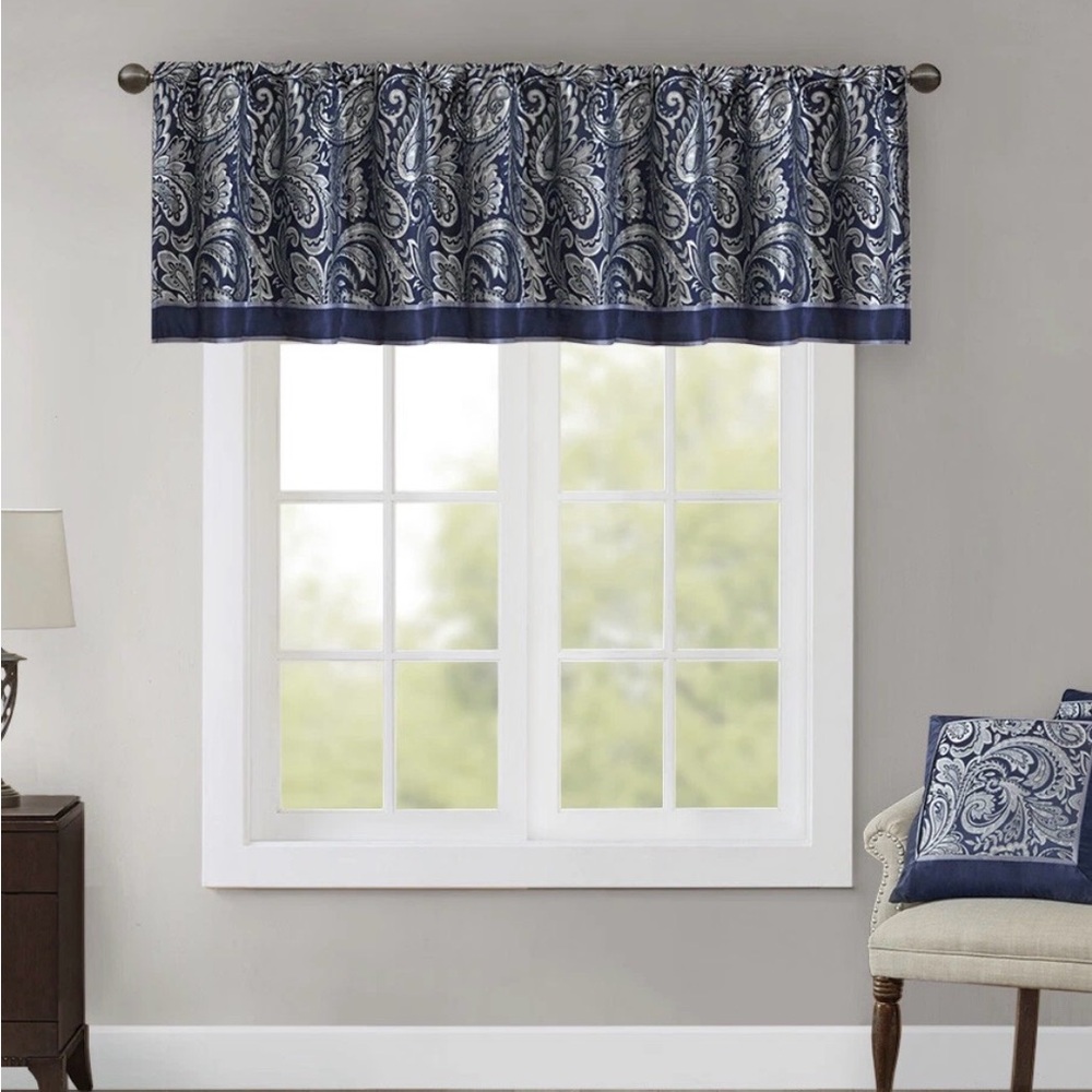 18"x50" Valerie Polyester Jacquard Valance Navy: Madison Park Window Valance,